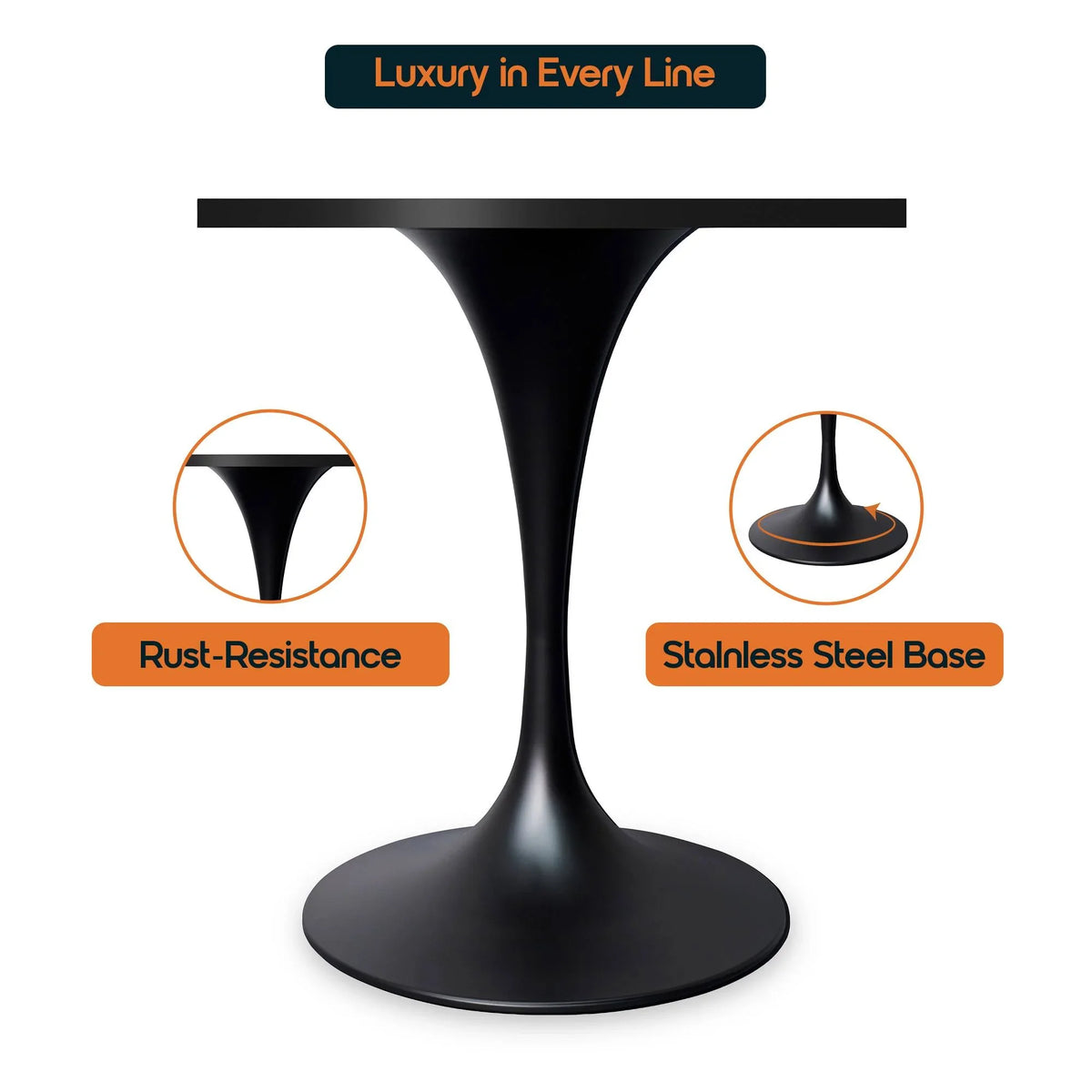 LeisureMod Verve Collection 24"Square Dining Table, Black/White/Brushed Gold Base with Black MDF Top - Elax Furniture