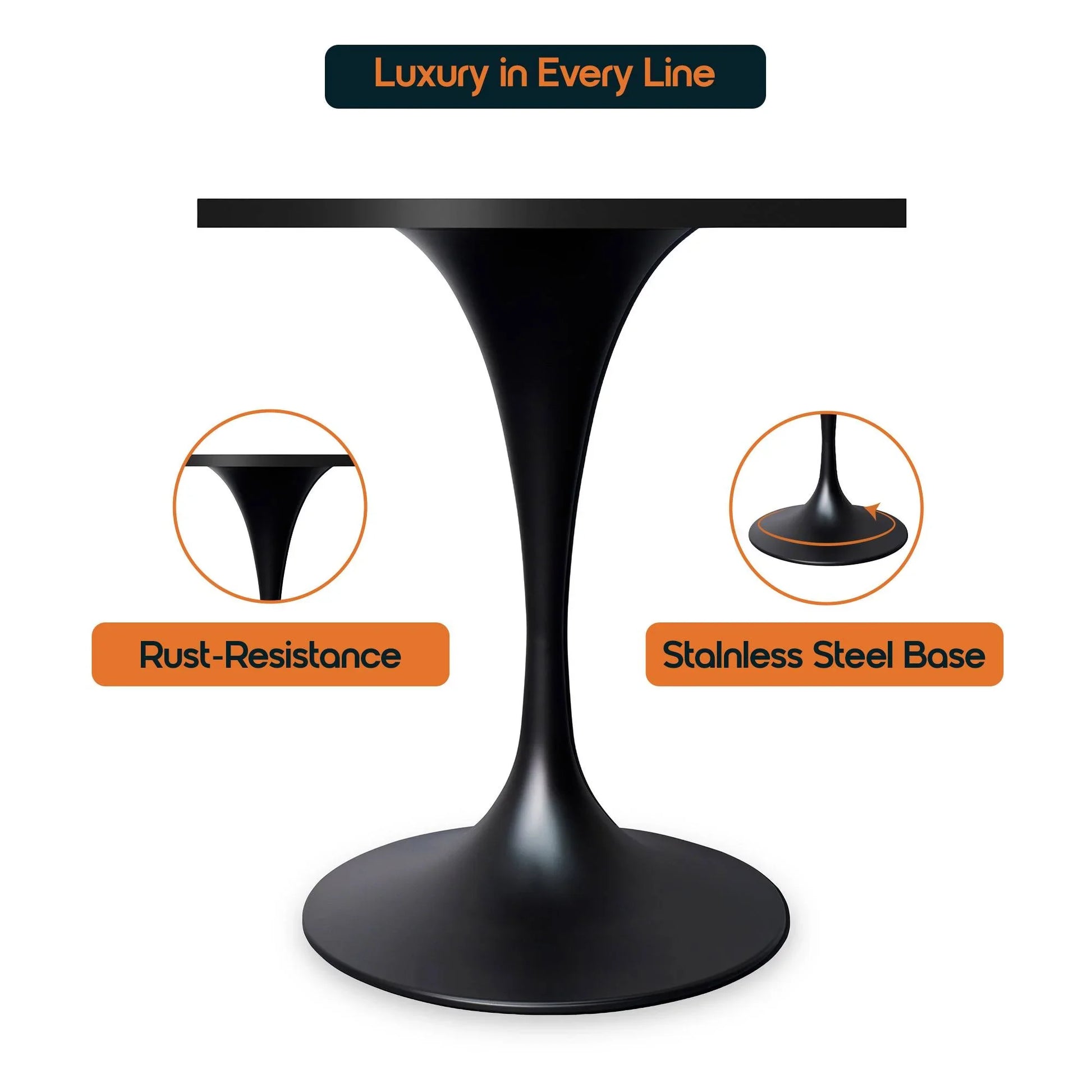 LeisureMod Verve Collection 24"Square Dining Table, Black/White/Brushed Gold Base with Black MDF Top - Elax Furniture