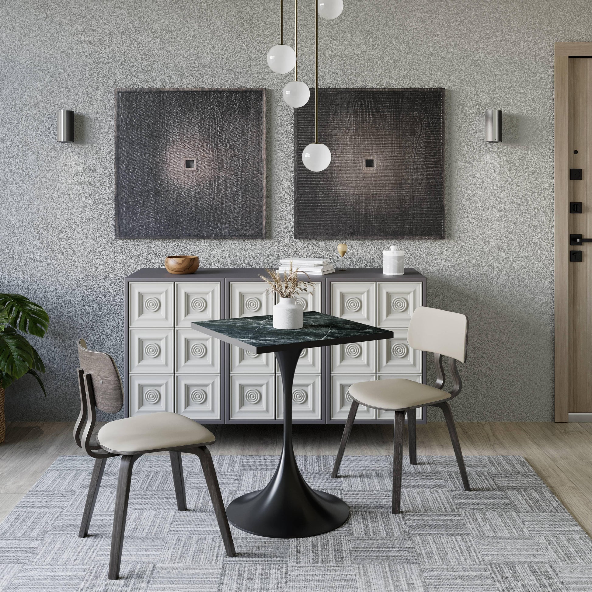 LeisureMod Verve Collection 24"Square Dining Table, Black/White/Brushed Gold Base with Black MDF Top - Elax Furniture