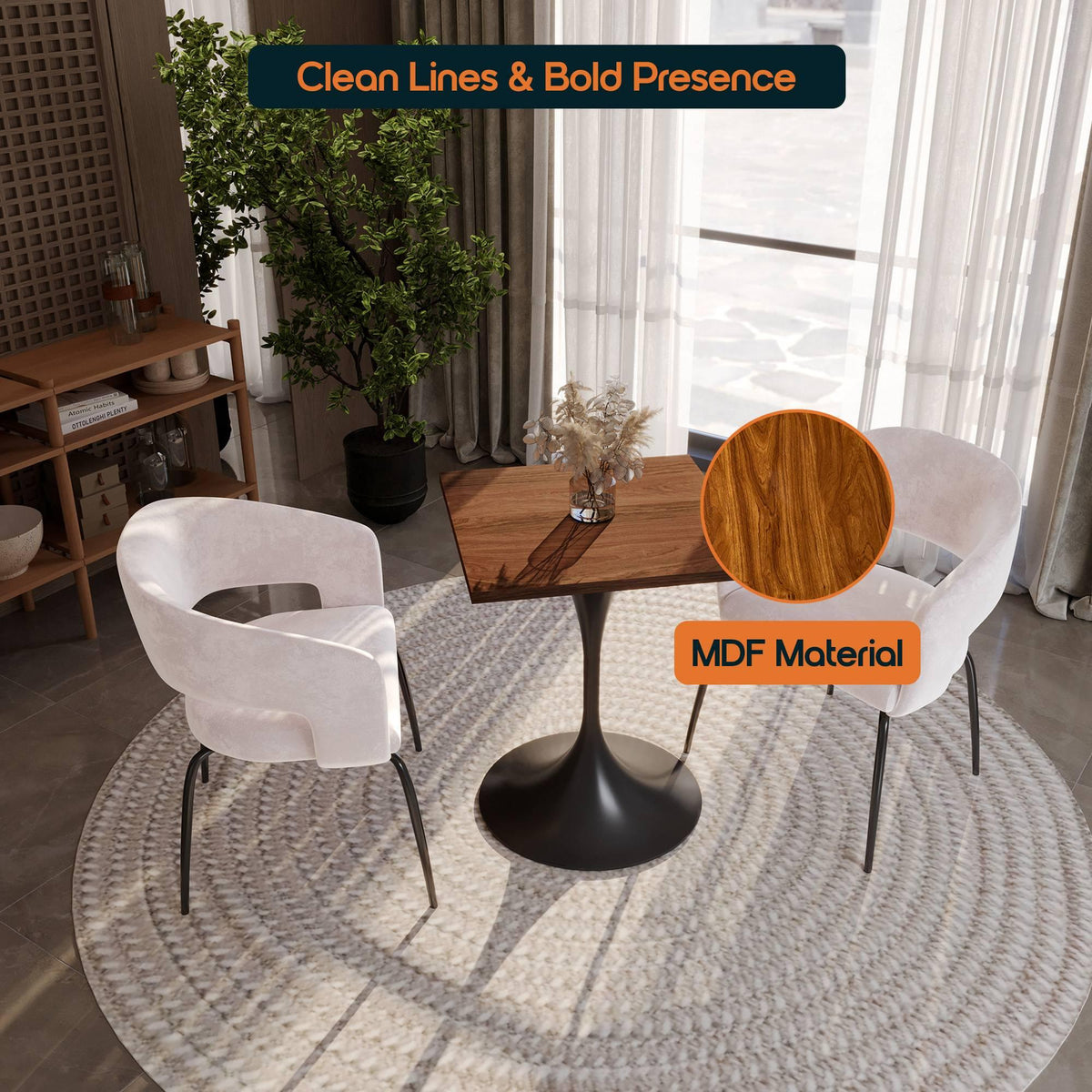 LeisureMod Verve Collection 24"Square Dining Table, Black/White/Brushed Gold Base with Black MDF Top - Elax Furniture