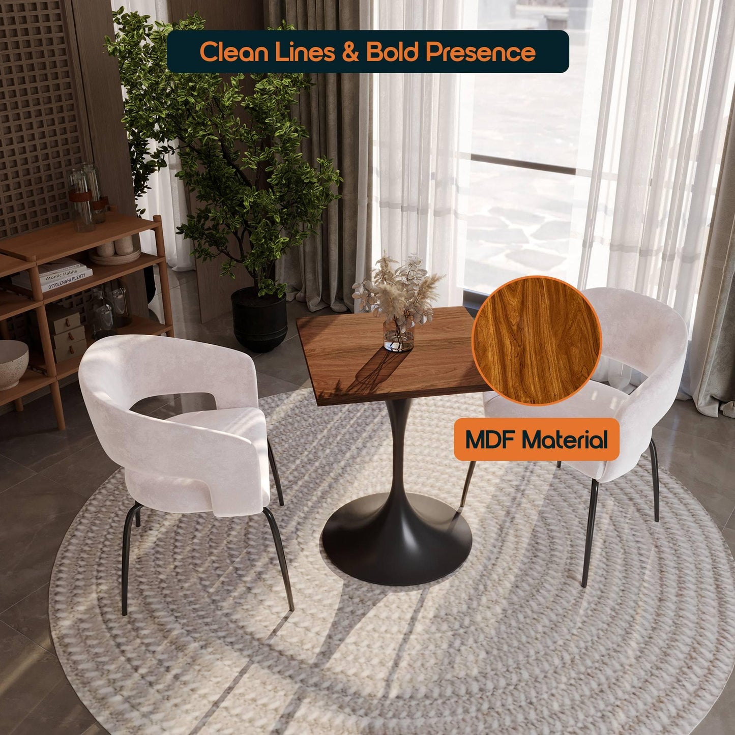 LeisureMod Verve Collection 24"Square Dining Table, Black/White/Brushed Gold Base with Black MDF Top - Elax Furniture