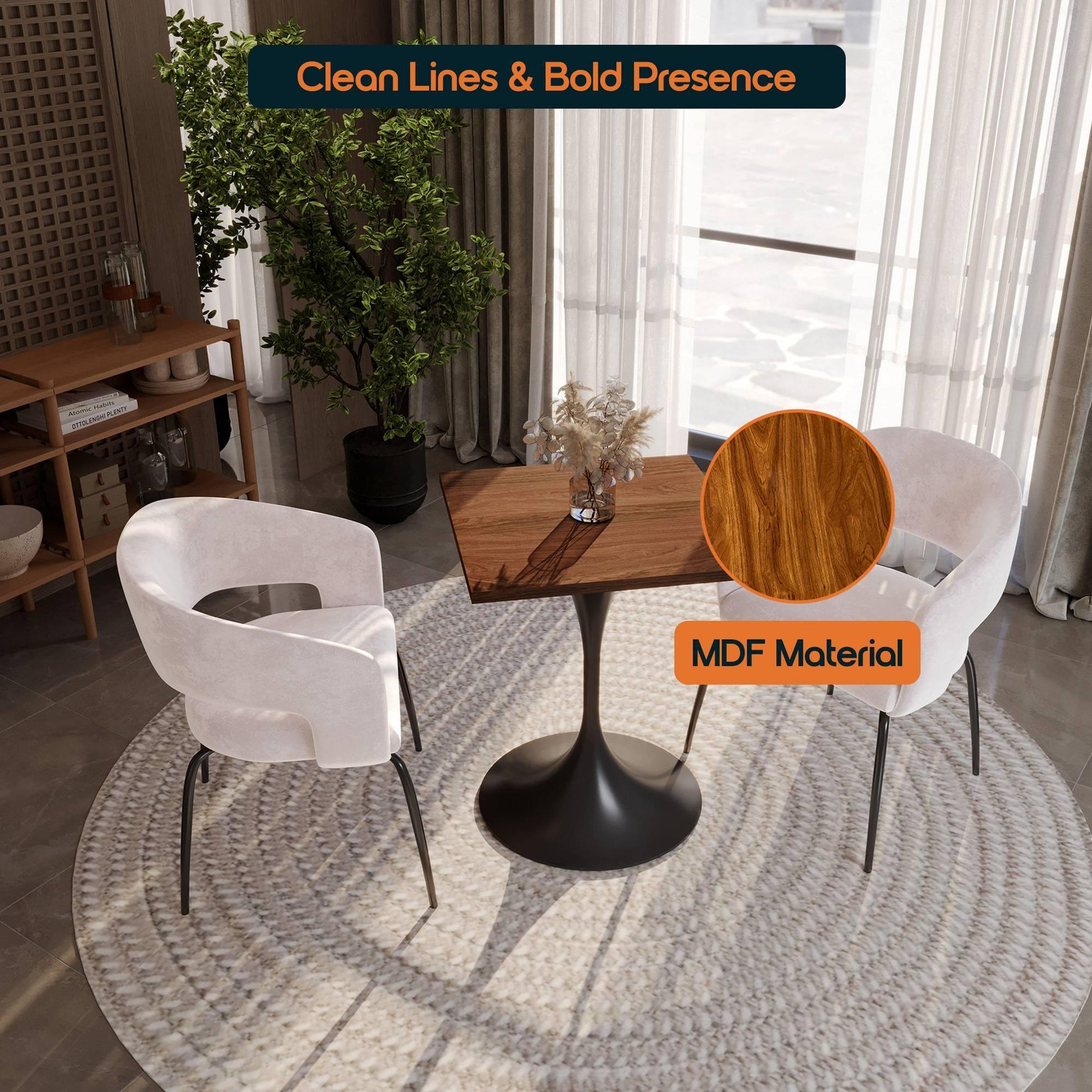 LeisureMod Verve Collection 24"Square Dining Table, Black/White/Brushed Gold Base with Black MDF Top - Elax Furniture