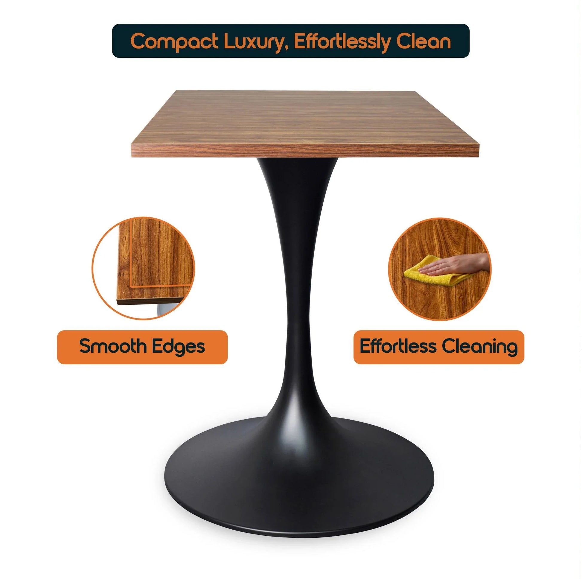 LeisureMod Verve Collection 24"Square Dining Table, Black/White/Brushed Gold Base with Black MDF Top - Elax Furniture