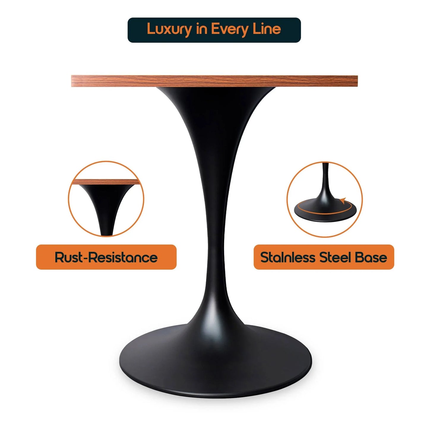 LeisureMod Verve Collection 24"Square Dining Table, Black/White/Brushed Gold Base with Black MDF Top - Elax Furniture