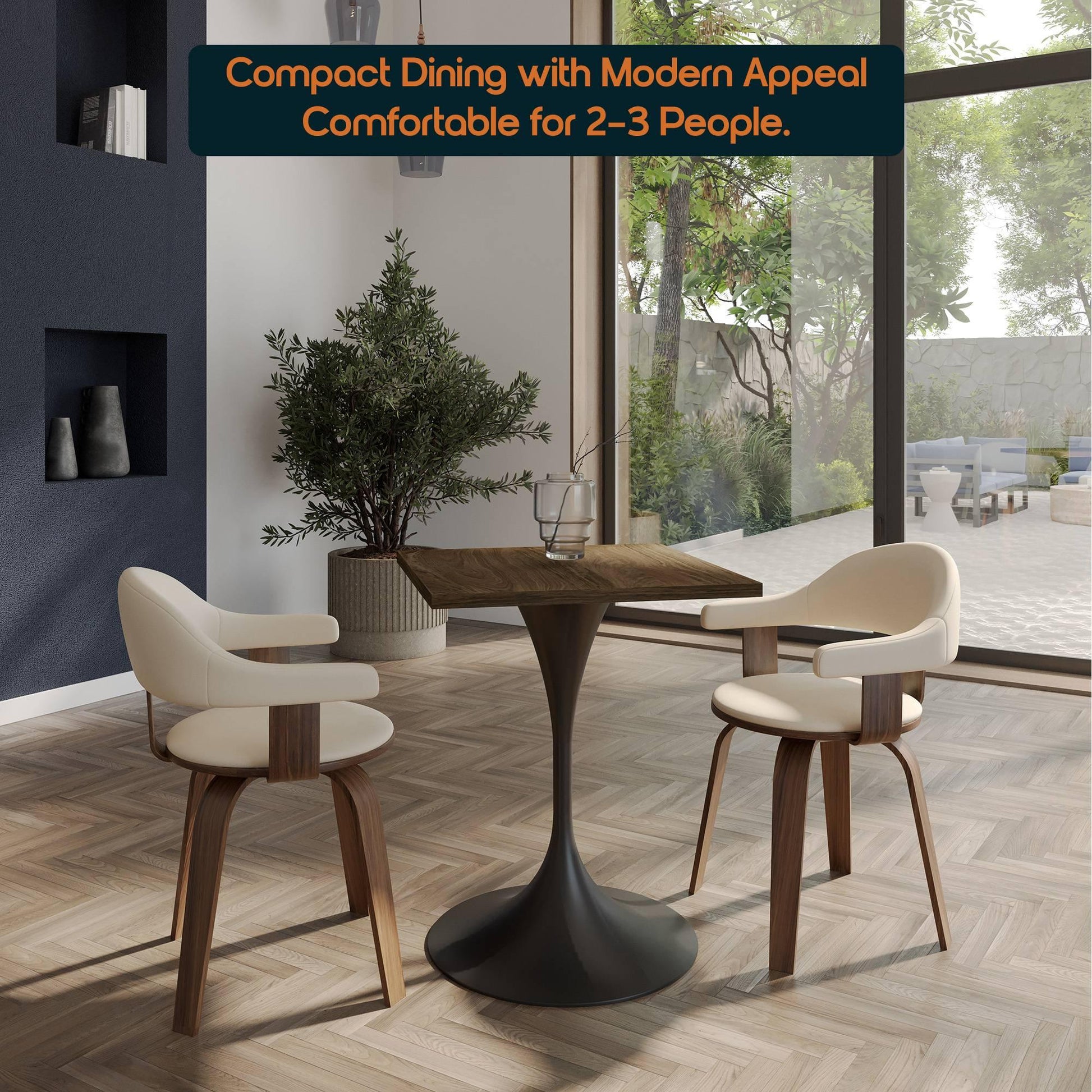 LeisureMod Verve Collection 24"Square Dining Table, Black/White/Brushed Gold Base with Black MDF Top - Elax Furniture