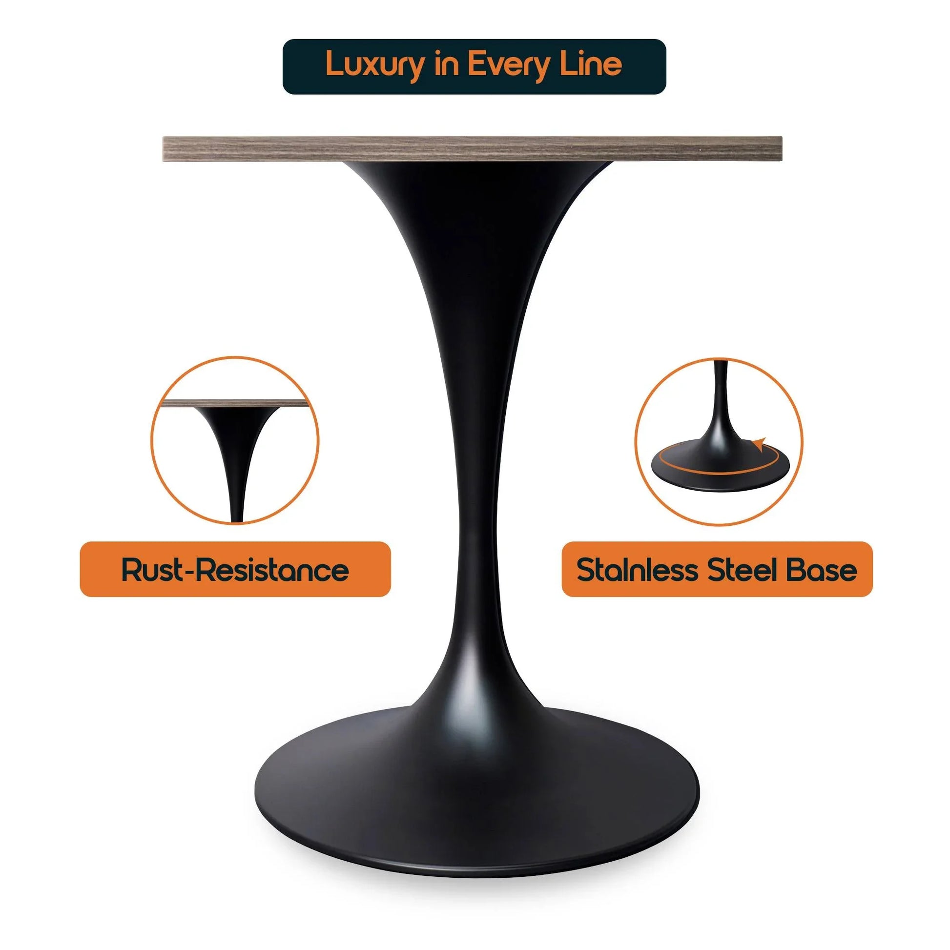 LeisureMod Verve Collection 24"Square Dining Table, Black/White/Brushed Gold Base with Black MDF Top - Elax Furniture