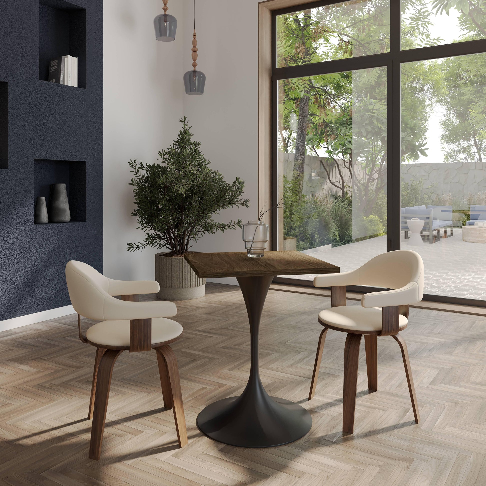 LeisureMod Verve Collection 24"Square Dining Table, Black/White/Brushed Gold Base with Black MDF Top - Elax Furniture