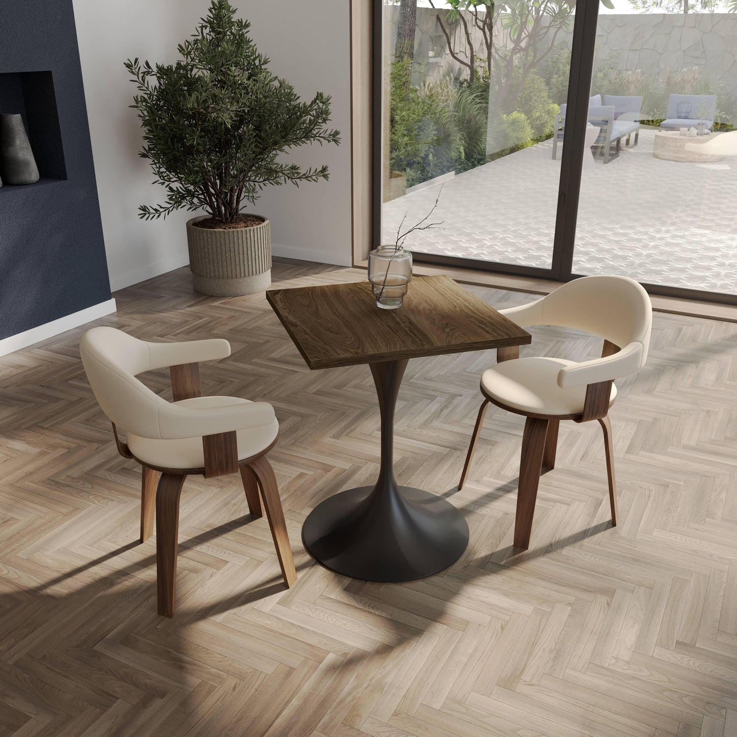 LeisureMod Verve Collection 24"Square Dining Table, Black/White/Brushed Gold Base with Black MDF Top - Elax Furniture