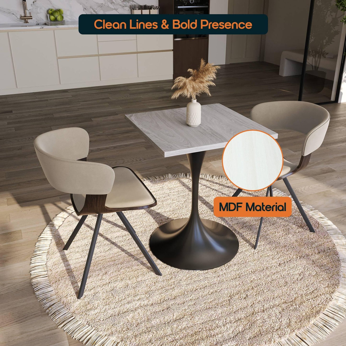 LeisureMod Verve Collection 24"Square Dining Table, Black/White/Brushed Gold Base with Black MDF Top - Elax Furniture