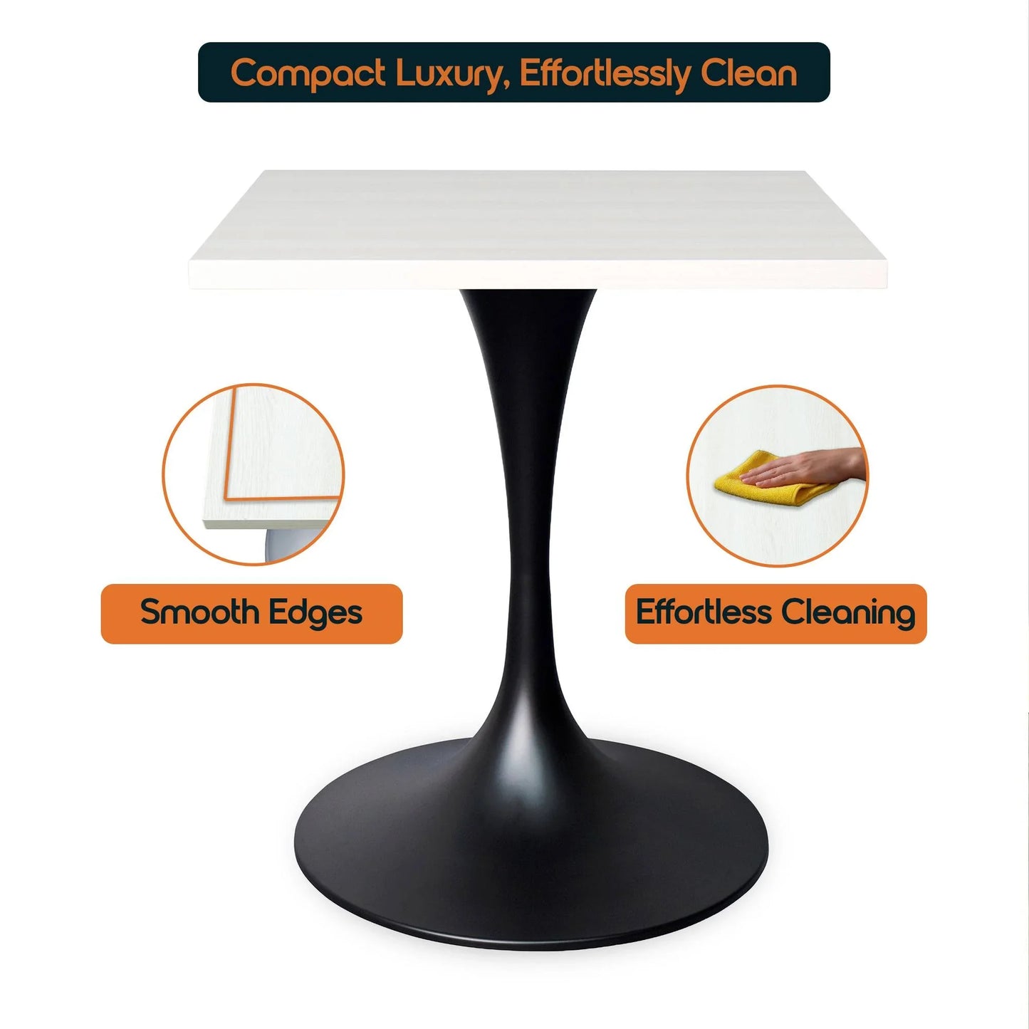 LeisureMod Verve Collection 24"Square Dining Table, Black/White/Brushed Gold Base with Black MDF Top - Elax Furniture