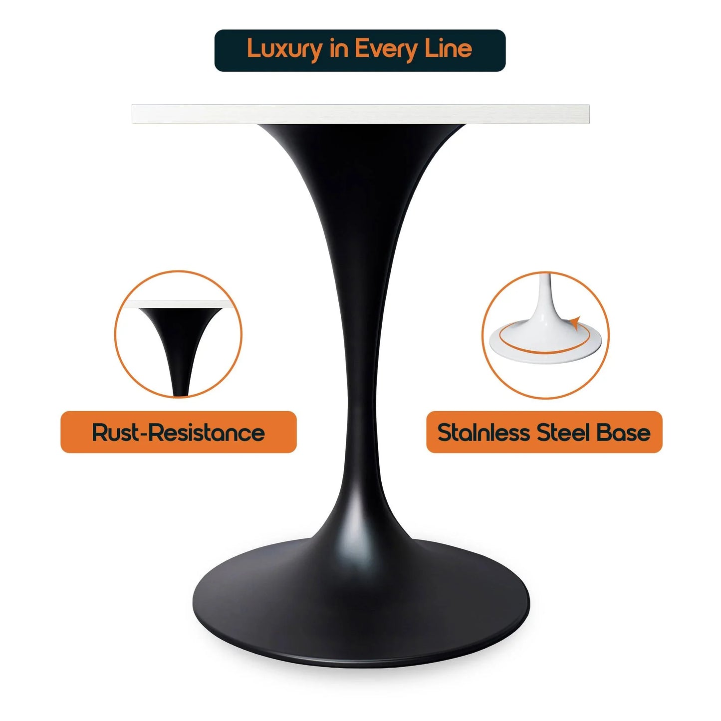 LeisureMod Verve Collection 24"Square Dining Table, Black/White/Brushed Gold Base with Black MDF Top - Elax Furniture