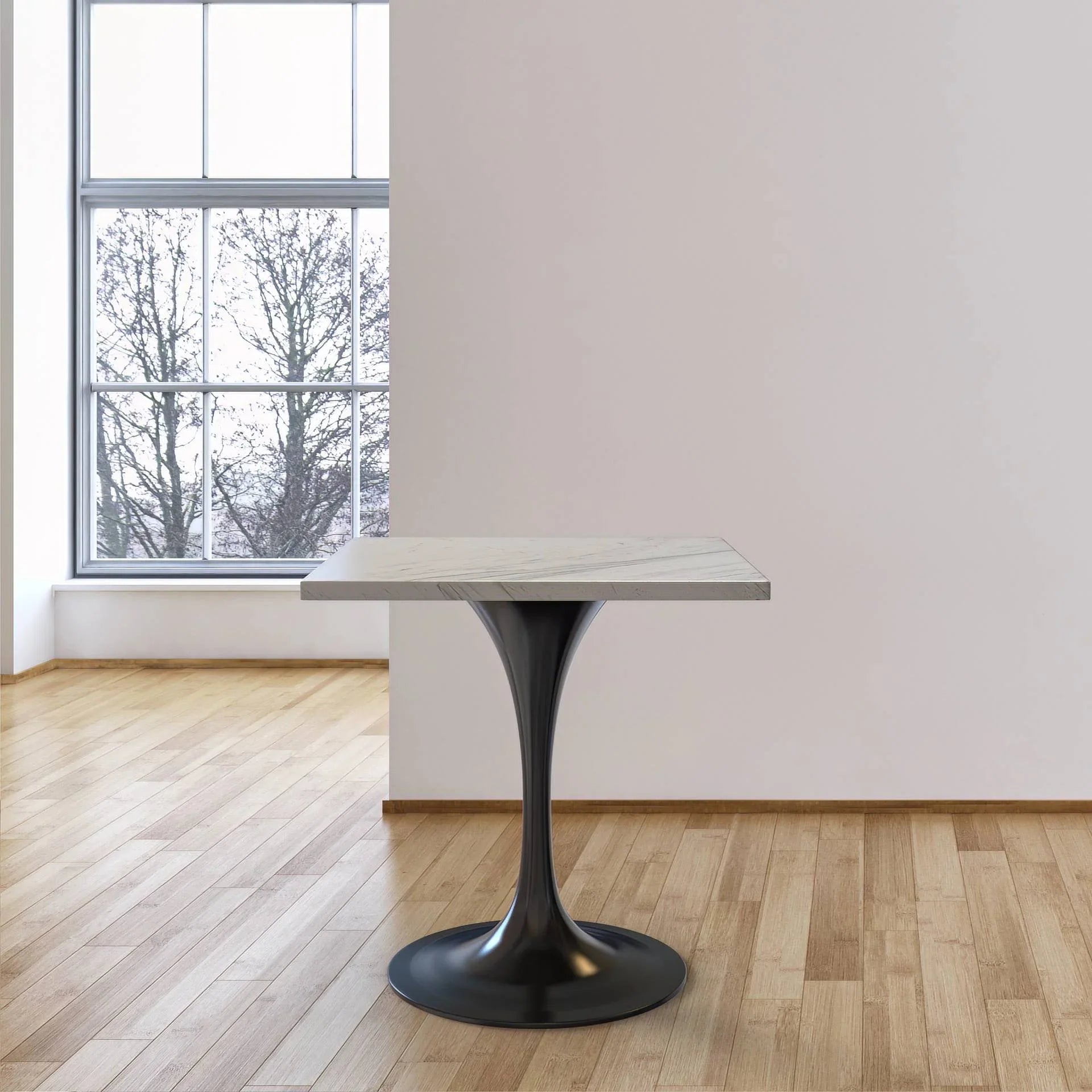 Verve Square Dining Table with a Laminated White Marbleized Tabletop and Black Stainless Steel Base - Elax Furniture