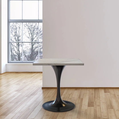 Verve Square Dining Table with a Laminated White Marbleized Tabletop and Black Stainless Steel Base - Elax Furniture