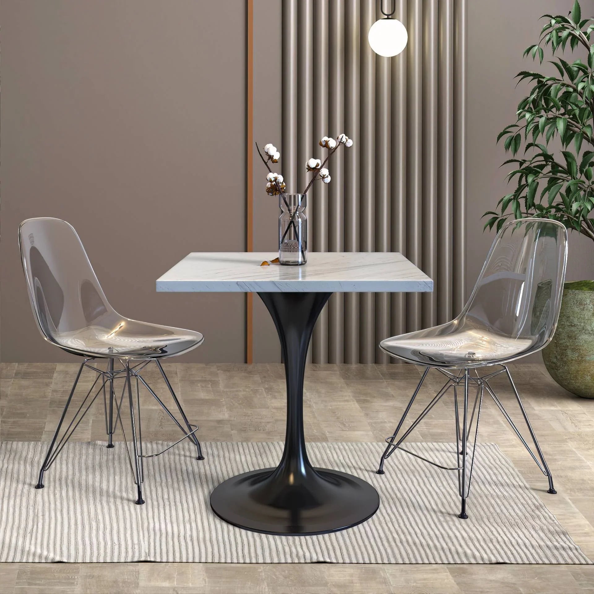 Verve Square Dining Table with a Laminated White Marbleized Tabletop and Black Stainless Steel Base - Elax Furniture