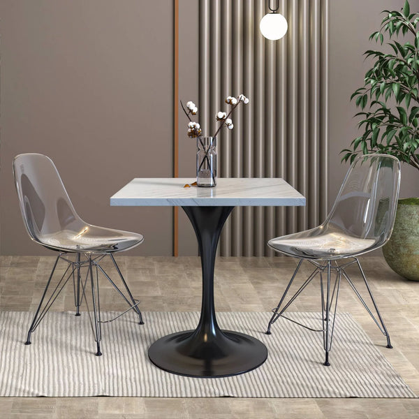 Verve Square Dining Table with a Laminated White Marbleized Tabletop and Black Stainless Steel Base