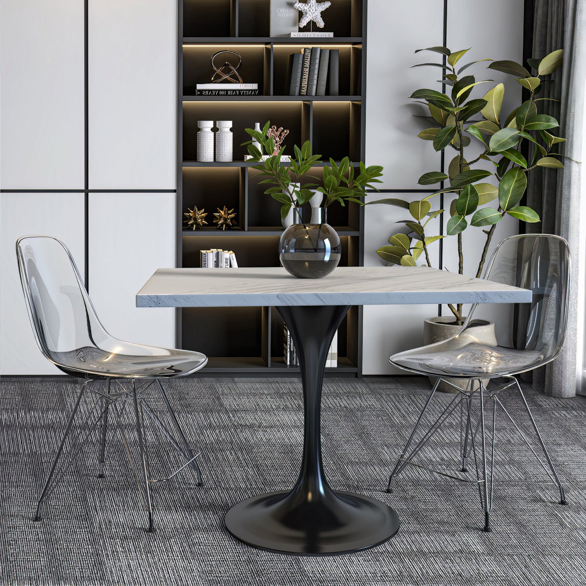 Verve Collection 24"Square Dining Table, Black/White/Brushed Gold Base with MDF Top 36 Inch Black Marbled White Resin Dining Table Leisuremod