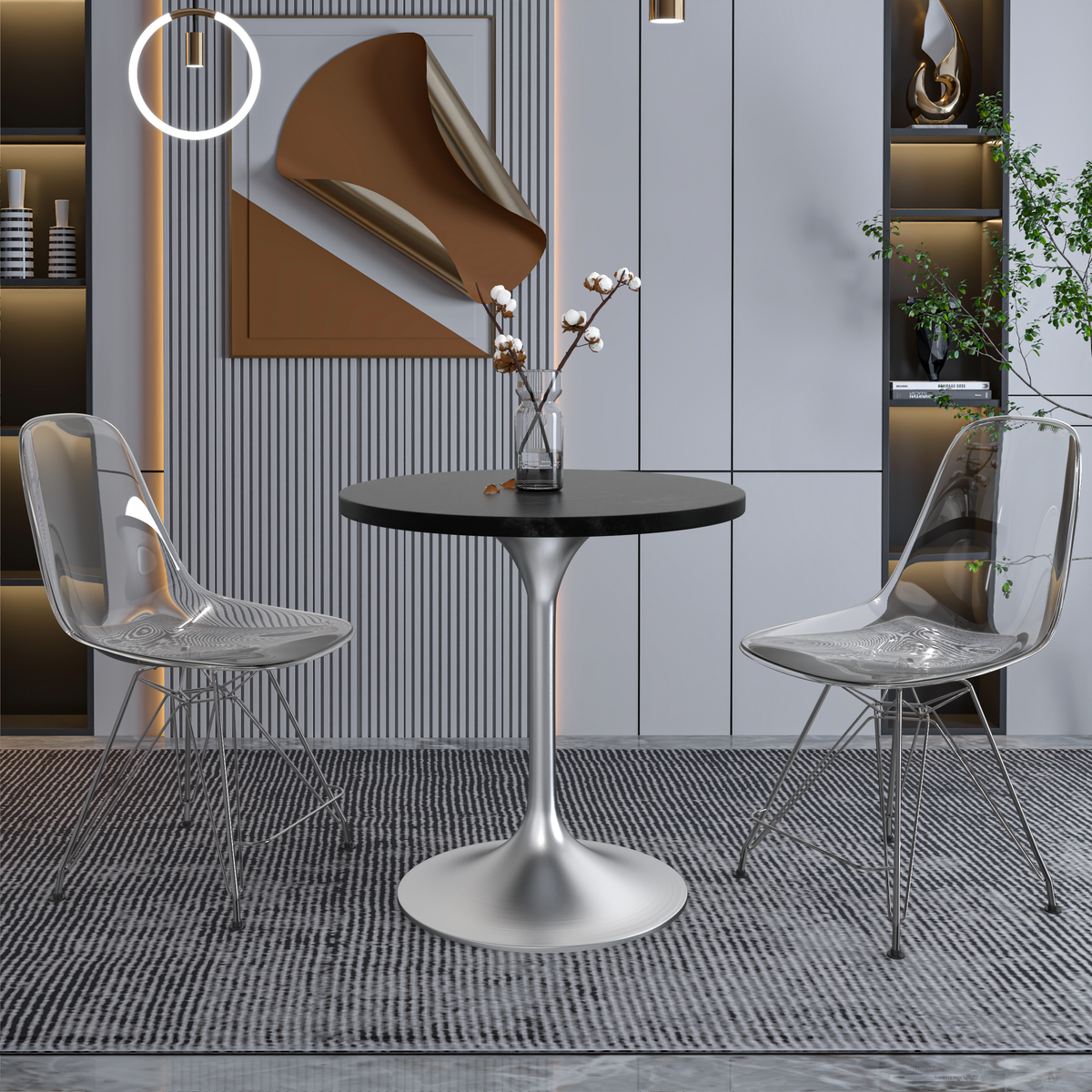 Verve Round Dining Table with MDF/Sintered Stone/Resin Tabletop in Silver Stainless Steel Pedestal Base MDF 27 Inch Black MDF Dining Table Leisuremod