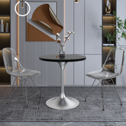 Verve Round Dining Table with MDF/Sintered Stone/Resin Tabletop in Silver Stainless Steel Pedestal Base MDF 27 Inch Black MDF Dining Table Leisuremod