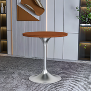 Verve Round Dining Table with MDF/Sintered Stone/Resin Tabletop in Silver Stainless Steel Pedestal Base MDF 27 Inch Cognac Brown Dining Table Leisuremod