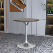 Verve Round Dining Table with MDF/Sintered Stone/Resin Tabletop in Silver Stainless Steel Pedestal Base MDF 27 Inch Dark Maple Dining Table Leisuremod