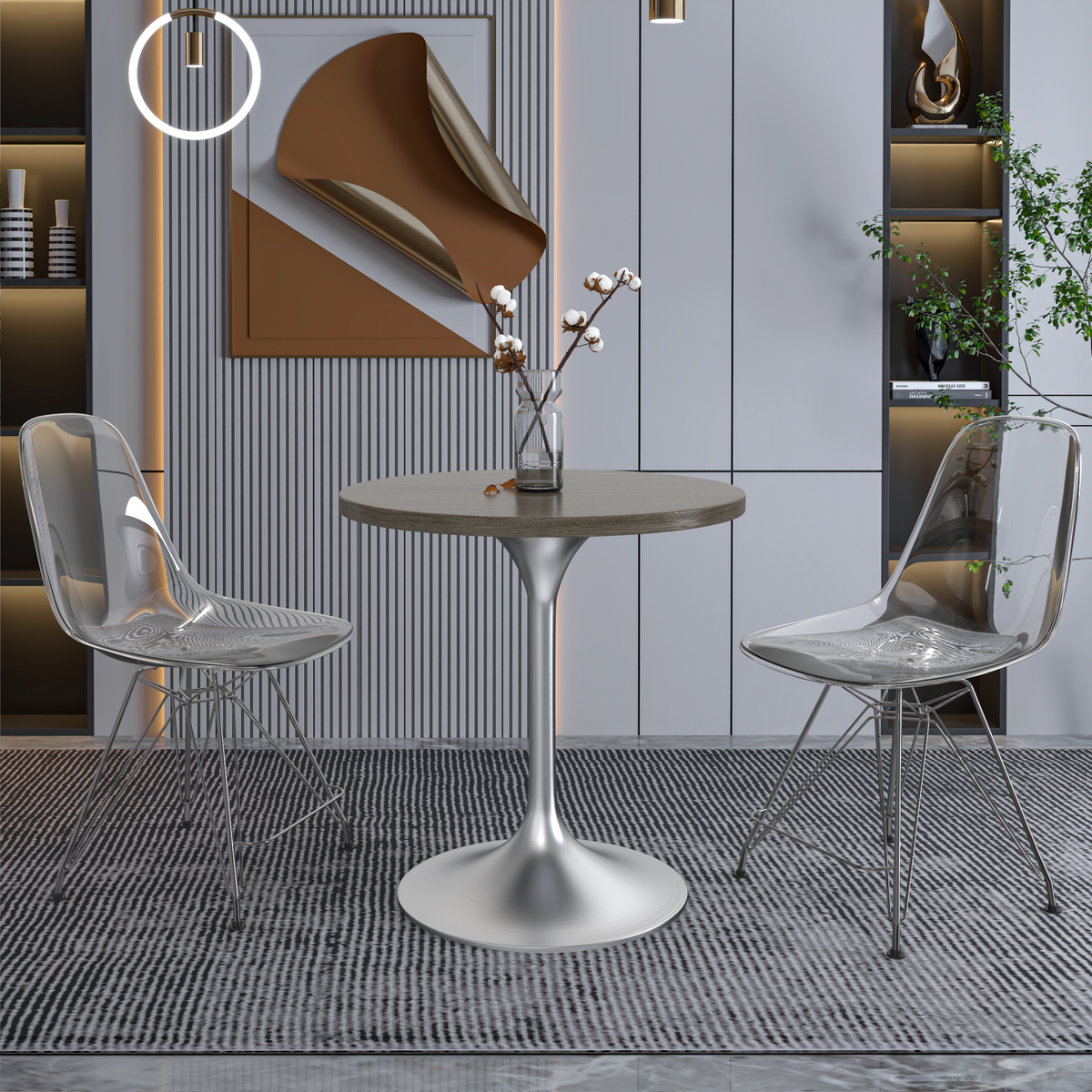 Verve Round Dining Table with MDF/Sintered Stone/Resin Tabletop in Silver Stainless Steel Pedestal Base MDF 27 Inch Dark Maple Dining Table Leisuremod
