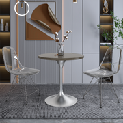 Verve Round Dining Table with MDF/Sintered Stone/Resin Tabletop in Silver Stainless Steel Pedestal Base MDF 27 Inch Dark Maple Dining Table Leisuremod