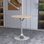 Verve Round Dining Table with MDF/Sintered Stone/Resin Tabletop in Silver Stainless Steel Pedestal Base MDF 27 Inch Natural Wood Dining Table Leisuremod