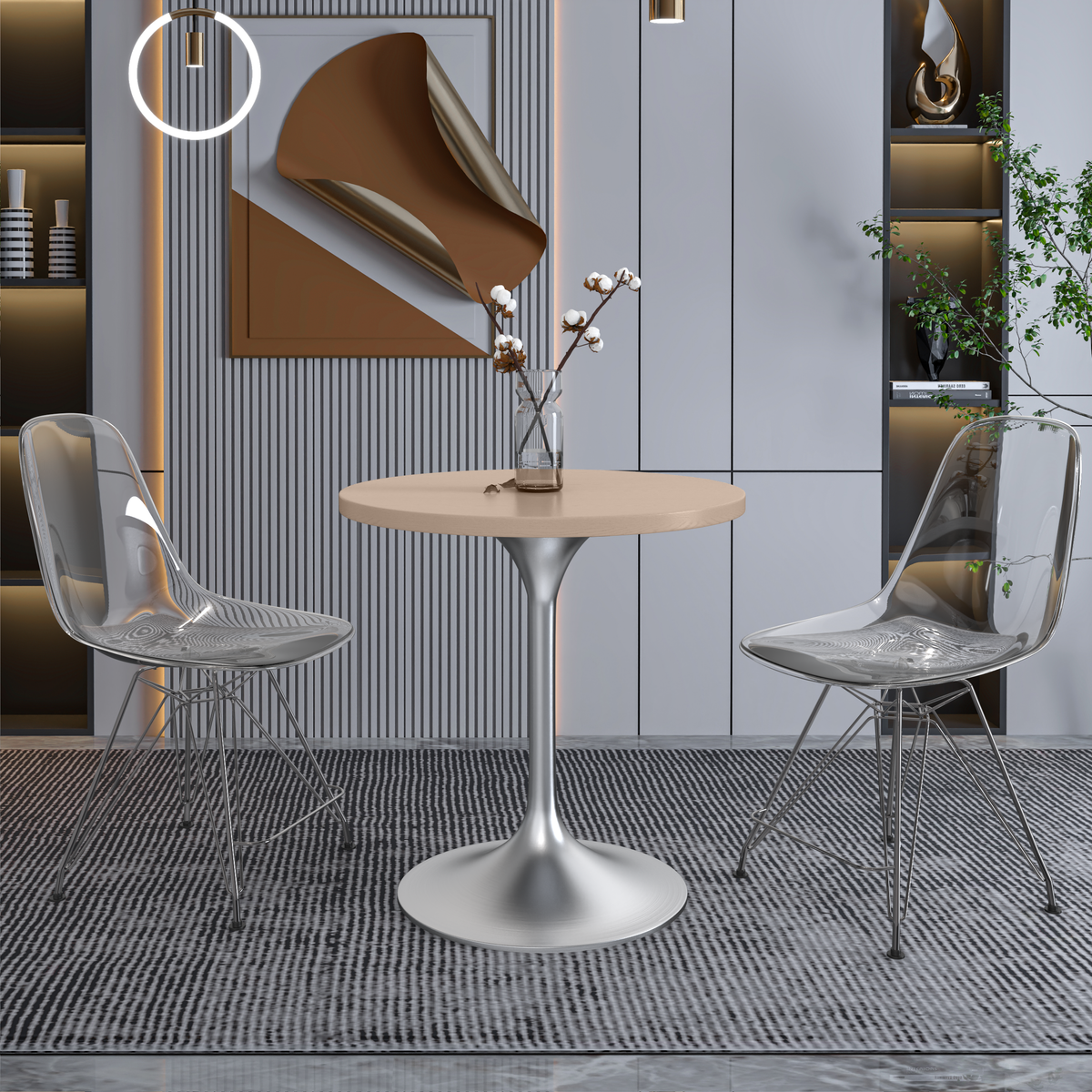 Verve Round Dining Table with MDF/Sintered Stone/Resin Tabletop in Silver Stainless Steel Pedestal Base MDF 27 Inch Natural Wood Dining Table Leisuremod