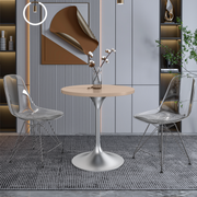 Verve Round Dining Table with MDF/Sintered Stone/Resin Tabletop in Silver Stainless Steel Pedestal Base MDF 27 Inch Natural Wood Dining Table Leisuremod