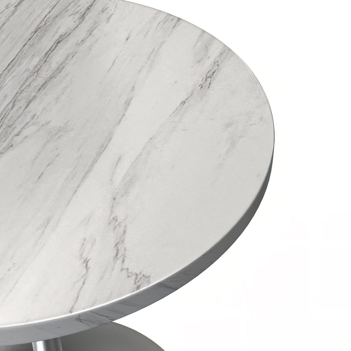 Verve Round Dining Table with MDF/Sintered Stone/Resin Tabletop in Silver Stainless Steel Pedestal Base Resin 27 Inch White Resin Dining Table Leisuremod