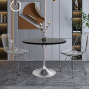 Verve Round Dining Table with MDF/Sintered Stone/Resin Tabletop in Silver Stainless Steel Pedestal Base MDF 36 Inch Black MDF Dining Table Leisuremod