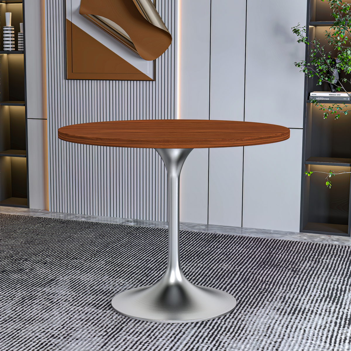 Verve Round Dining Table with MDF/Sintered Stone/Resin Tabletop in Silver Stainless Steel Pedestal Base MDF 36 Inch Cognac Brown Dining Table Leisuremod