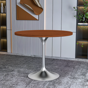 Verve Round Dining Table with MDF/Sintered Stone/Resin Tabletop in Silver Stainless Steel Pedestal Base MDF 36 Inch Cognac Brown Dining Table Leisuremod