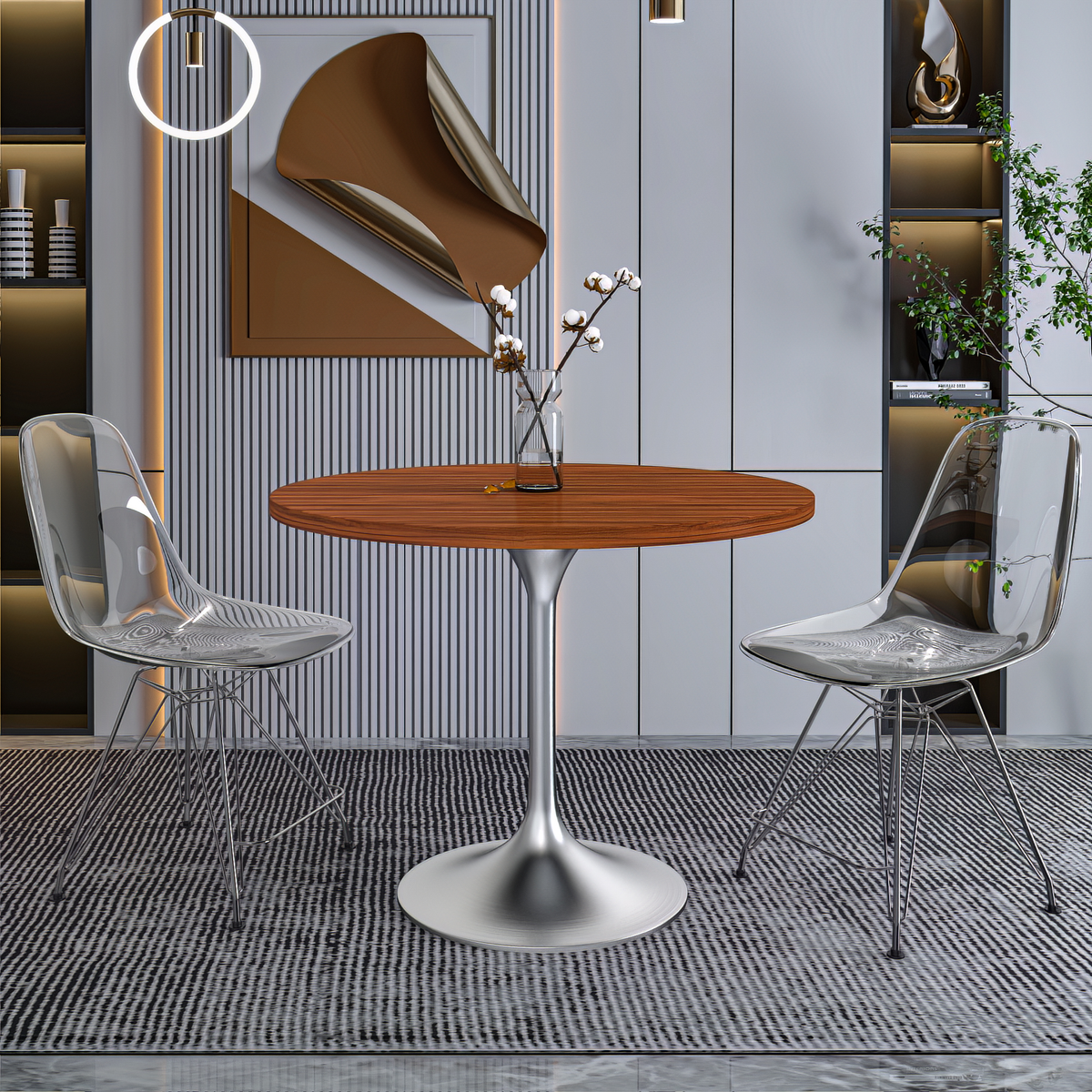 Verve Round Dining Table with MDF/Sintered Stone/Resin Tabletop in Silver Stainless Steel Pedestal Base MDF 36 Inch Cognac Brown Dining Table Leisuremod