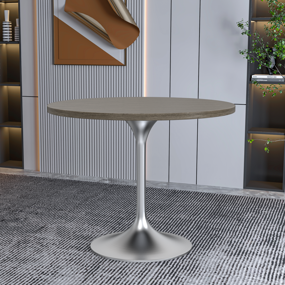Verve Round Dining Table with MDF/Sintered Stone/Resin Tabletop in Silver Stainless Steel Pedestal Base MDF 36 Inch Dark Maple Dining Table Leisuremod