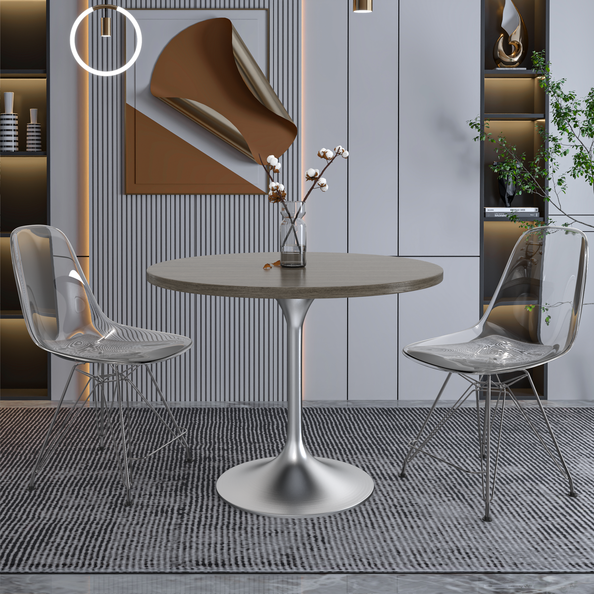 Verve Round Dining Table with MDF/Sintered Stone/Resin Tabletop in Silver Stainless Steel Pedestal Base MDF 36 Inch Dark Maple Dining Table Leisuremod