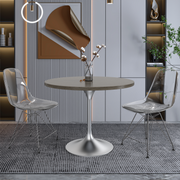 Verve Round Dining Table with MDF/Sintered Stone/Resin Tabletop in Silver Stainless Steel Pedestal Base MDF 36 Inch Dark Maple Dining Table Leisuremod