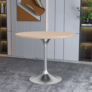Verve Round Dining Table with MDF/Sintered Stone/Resin Tabletop in Silver Stainless Steel Pedestal Base MDF 36 Inch Natural Wood Dining Table Leisuremod