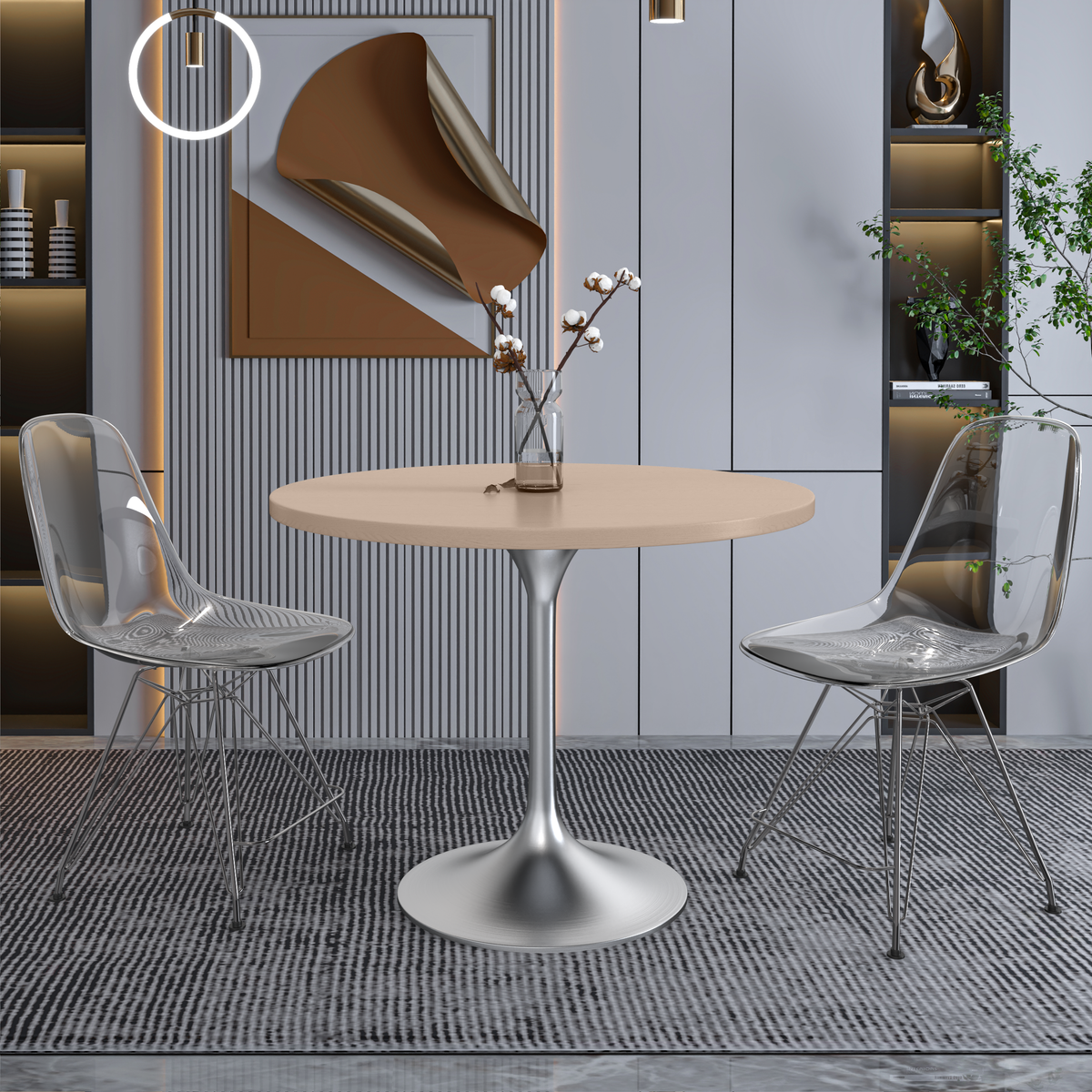 Verve Round Dining Table with MDF/Sintered Stone/Resin Tabletop in Silver Stainless Steel Pedestal Base MDF 36 Inch Natural Wood Dining Table Leisuremod