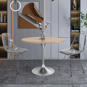 Verve Round Dining Table with MDF/Sintered Stone/Resin Tabletop in Silver Stainless Steel Pedestal Base MDF 36 Inch Natural Wood Dining Table Leisuremod