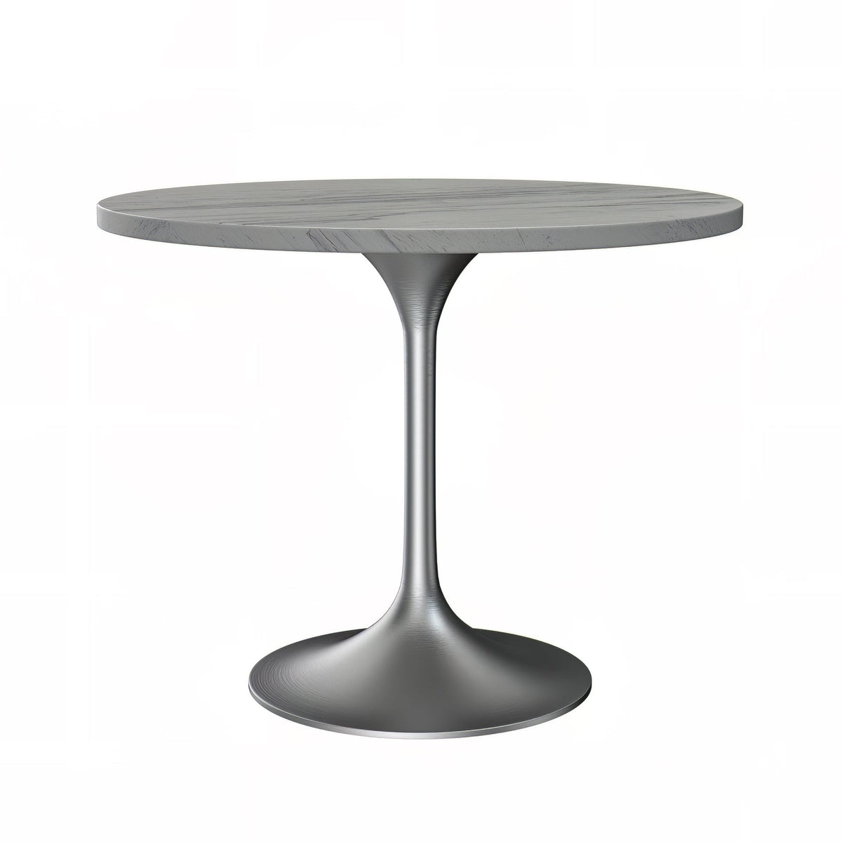 Verve Round Dining Table with MDF/Sintered Stone/Resin Tabletop in Silver Stainless Steel Pedestal Base Resin 36 Inch White Resin Dining Table Leisuremod