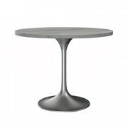 Verve Round Dining Table with MDF/Sintered Stone/Resin Tabletop in Silver Stainless Steel Pedestal Base Resin 36 Inch White Resin Dining Table Leisuremod