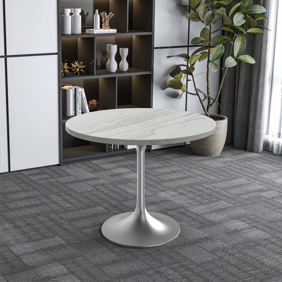 Verve Round Dining Table with MDF/Sintered Stone/Resin Tabletop in Silver Stainless Steel Pedestal Base Resin 36 Inch White Resin Dining Table Leisuremod