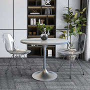 Verve Round Dining Table with MDF/Sintered Stone/Resin Tabletop in Silver Stainless Steel Pedestal Base Resin 36 Inch White Resin Dining Table Leisuremod