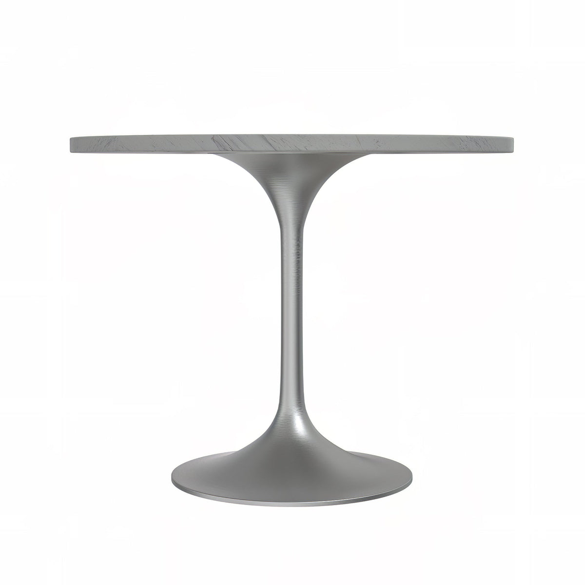 Verve Round Dining Table with MDF/Sintered Stone/Resin Tabletop in Silver Stainless Steel Pedestal Base Resin 36 Inch White Resin Dining Table Leisuremod