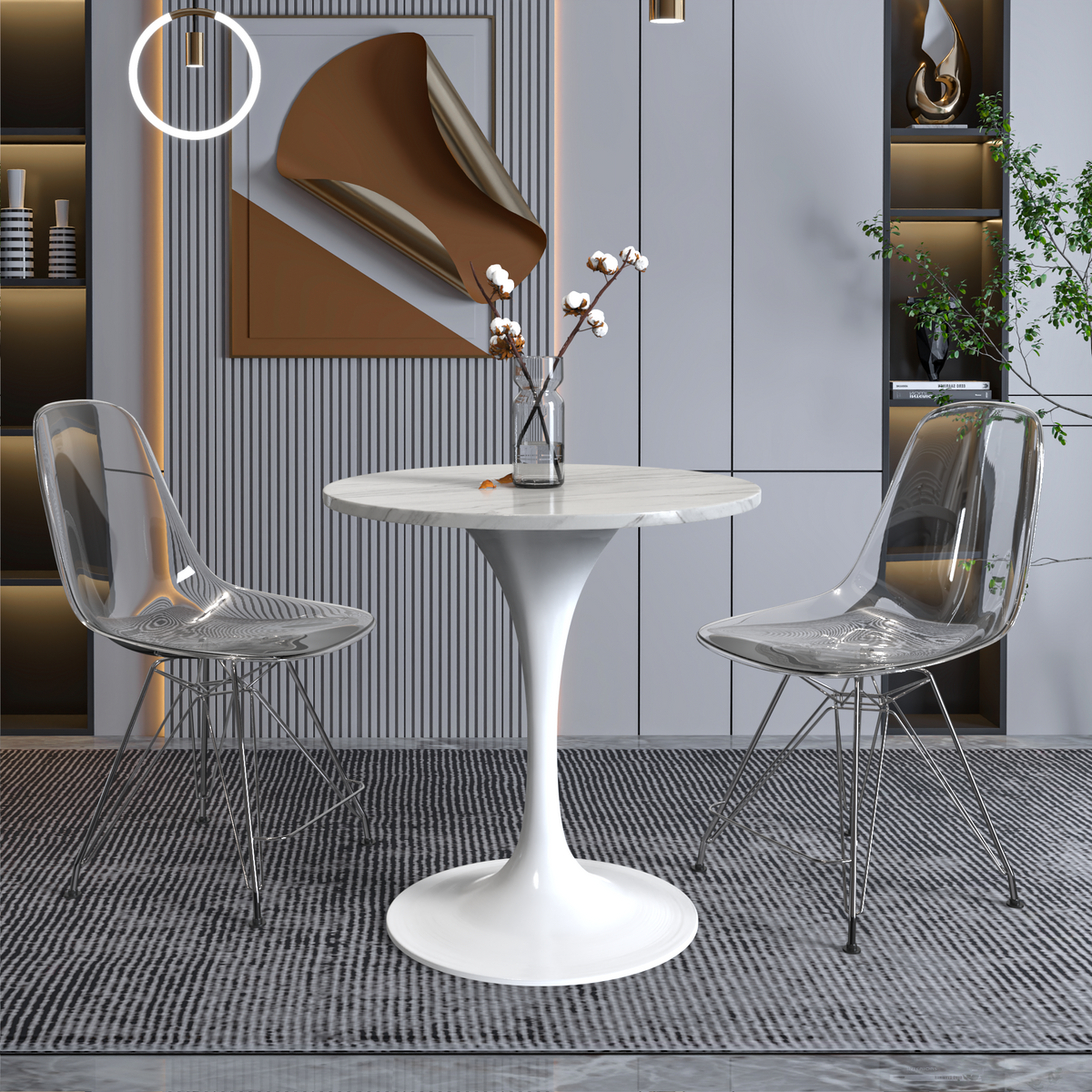 Verve Round Dining Table with MDF/Sintered Stone/Resin Tabletop in White Stainless Steel Pedestal Base