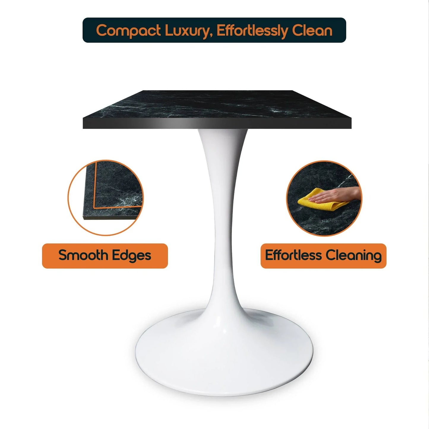 LeisureMod Verve Collection 24"Square Dining Table, Black/White/Brushed Gold Base with Black MDF Top - Elax Furniture