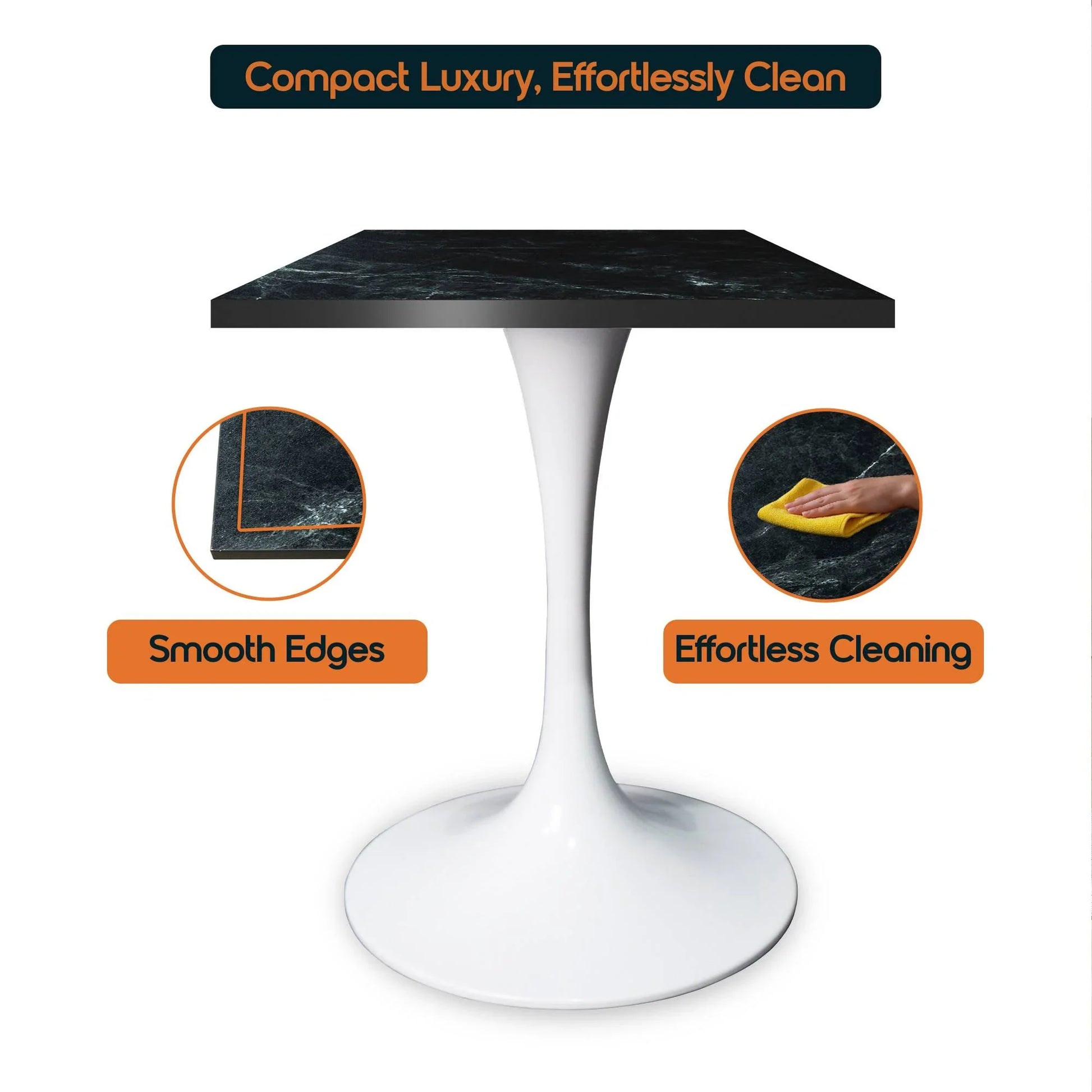 LeisureMod Verve Collection 24"Square Dining Table, Black/White/Brushed Gold Base with Black MDF Top - Elax Furniture