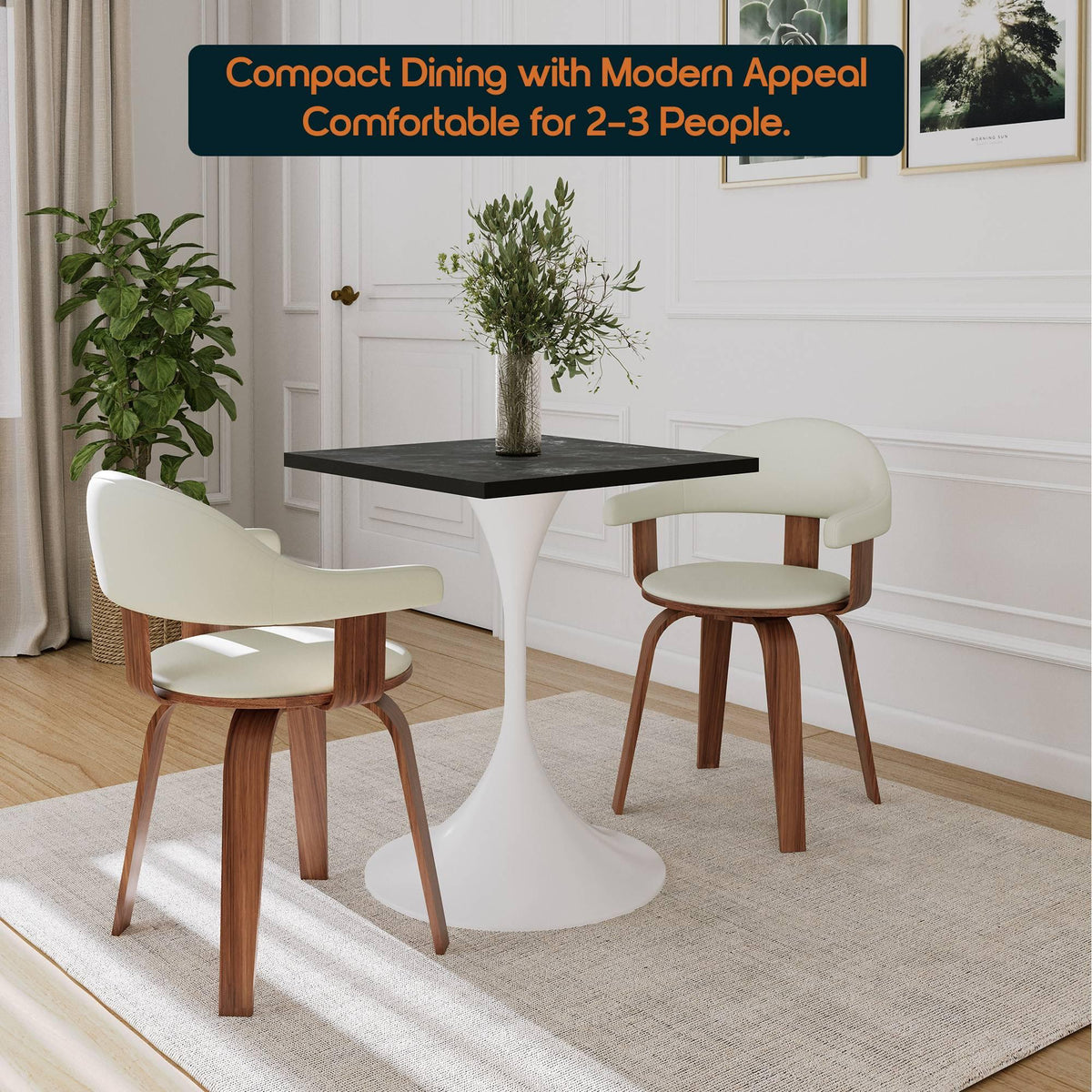 LeisureMod Verve Collection 24"Square Dining Table, Black/White/Brushed Gold Base with Black MDF Top - Elax Furniture