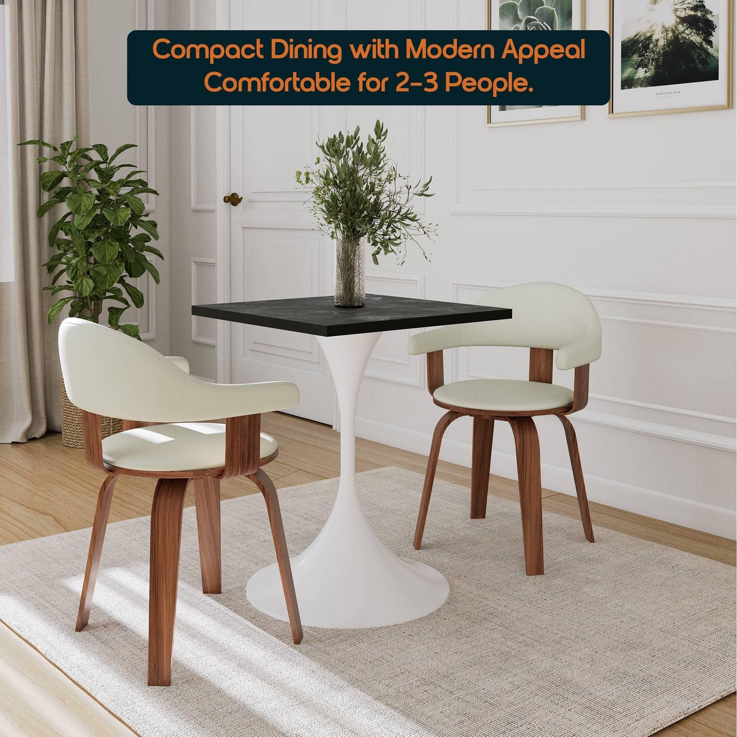 LeisureMod Verve Collection 24"Square Dining Table, Black/White/Brushed Gold Base with Black MDF Top - Elax Furniture